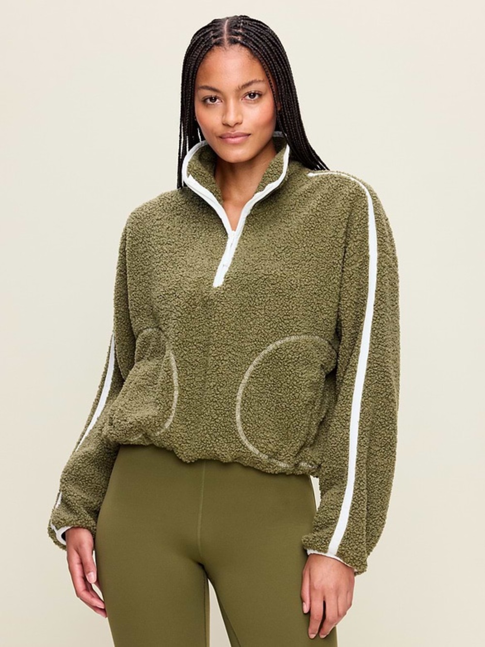 Old Navy Olive Green Sherpa Half-Zip with White Trim